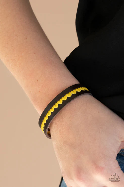 Made With Love - Yellow Illuminating Sunny Hue/Brown 3D Heart Stitched Leather Bracelet B#1674
