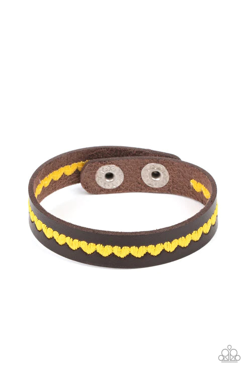 Made With Love - Yellow Illuminating Sunny Hue/Brown 3D Heart Stitched Leather Bracelet B#1674
