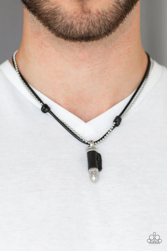 Magic Bullet - Oversized Black/Silver BULLET Knotted Beaded Chain Leather Button Loop Closure Urban Necklace N#1155