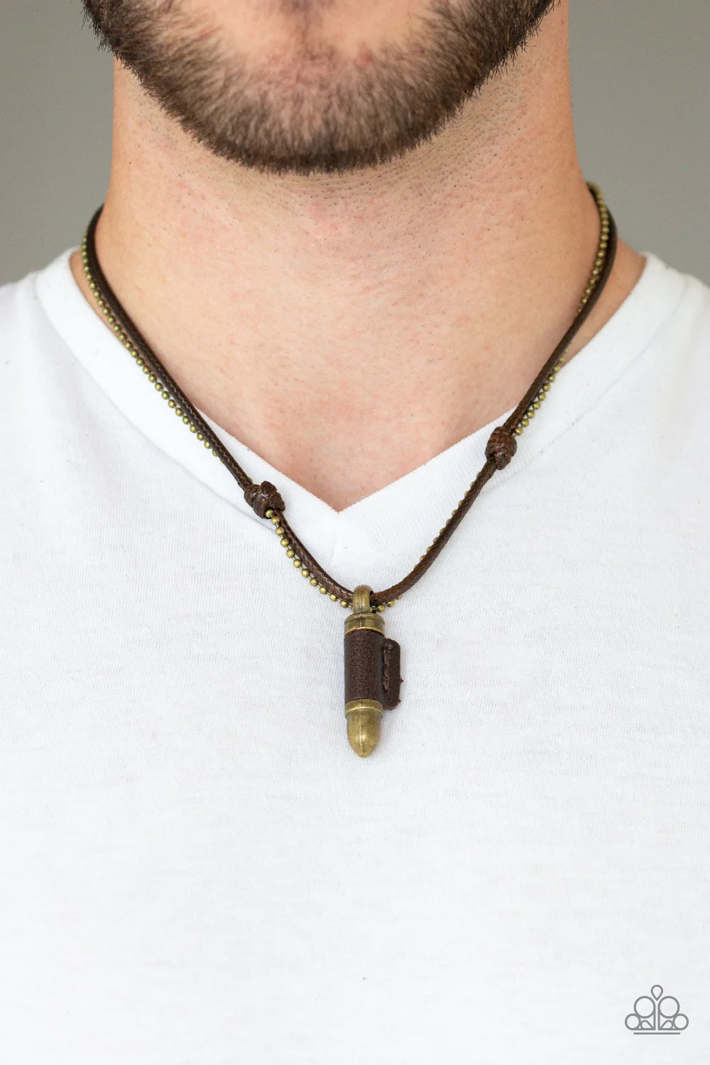2-Piece Oversized Brown/Brass BULLET Knotted Beaded Chain Leather Button Loop Closure Urban Set SET#1154