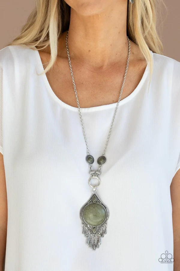 Majestic Mountaineer - Oversized Green Encased Onion-Shape Southwestern Decorated Texture Accent Teardrop Medallion Stone Necklace N#787