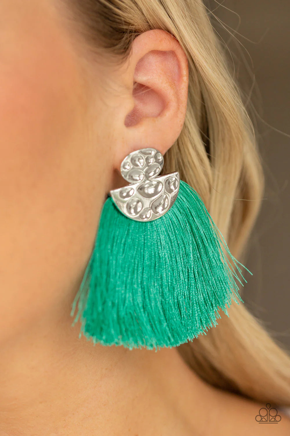Make Some PLUME - Oversized Green Hammered Oval Half-Moon Coalesce Flared Out Fringe Lure Earrings E#239