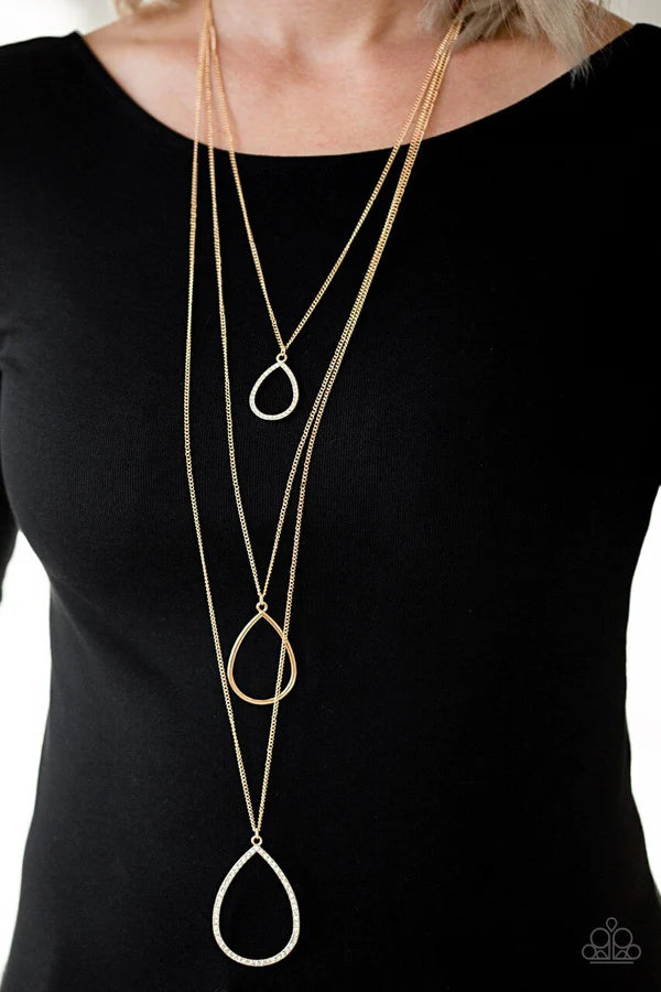 Make The World Sparkle - Oversized Gold Trio Encrusted "Swing" Teardrop Necklace N#1304
