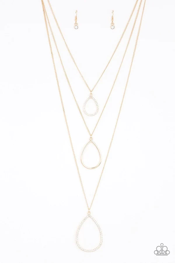 Make The World Sparkle - Oversized Gold Trio Encrusted "Swing" Teardrop Necklace N#1304