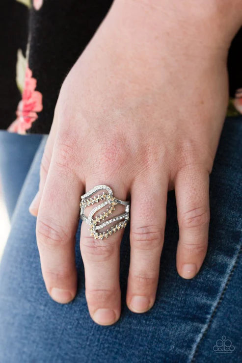 Make Waves - Brown Topaz/White Ribbon Wave Encrusted Ring R#1615