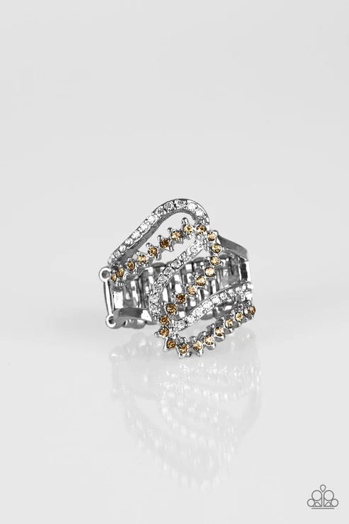 Make Waves - Brown Topaz/White Ribbon Wave Encrusted Ring R#1615
