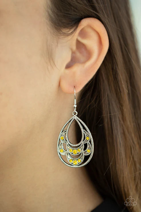 Malibu Macrame - Oversized Yellow Dotted/Studded Encrusted Layered Petal Teardrop Earrings E#2429