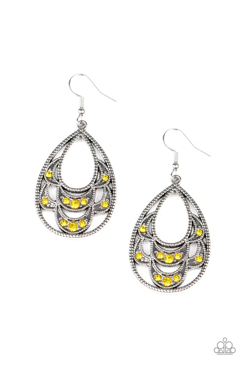 Malibu Macrame - Oversized Yellow Dotted/Studded Encrusted Layered Petal Teardrop Earrings E#2429