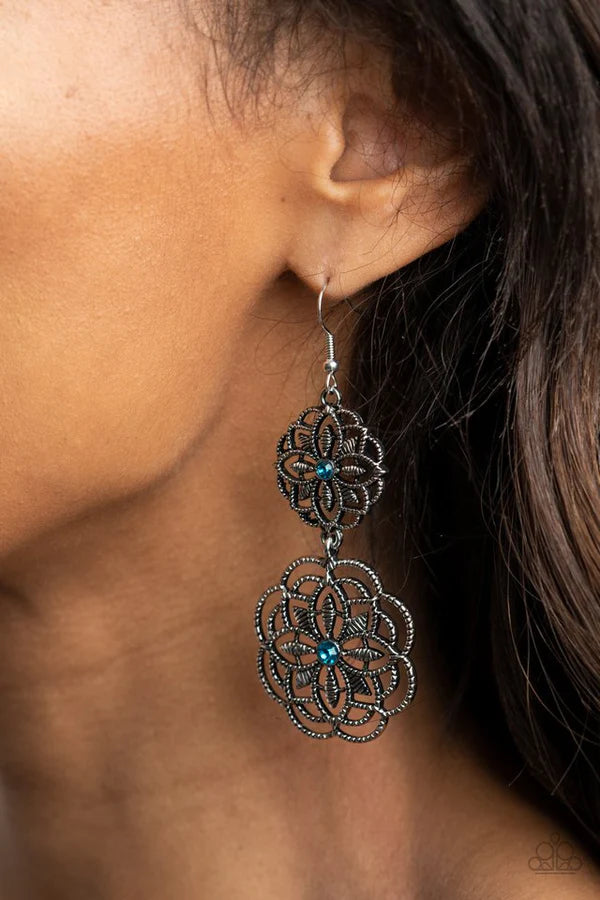 Mandala Mecca - Oversized Blue Dotted Studded 3D Mandala Floral Lure Connected Earrings E#317