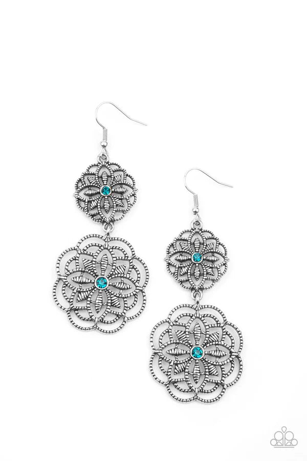 Mandala Mecca - Oversized Blue Dotted Studded 3D Mandala Floral Lure Connected Earrings E#317