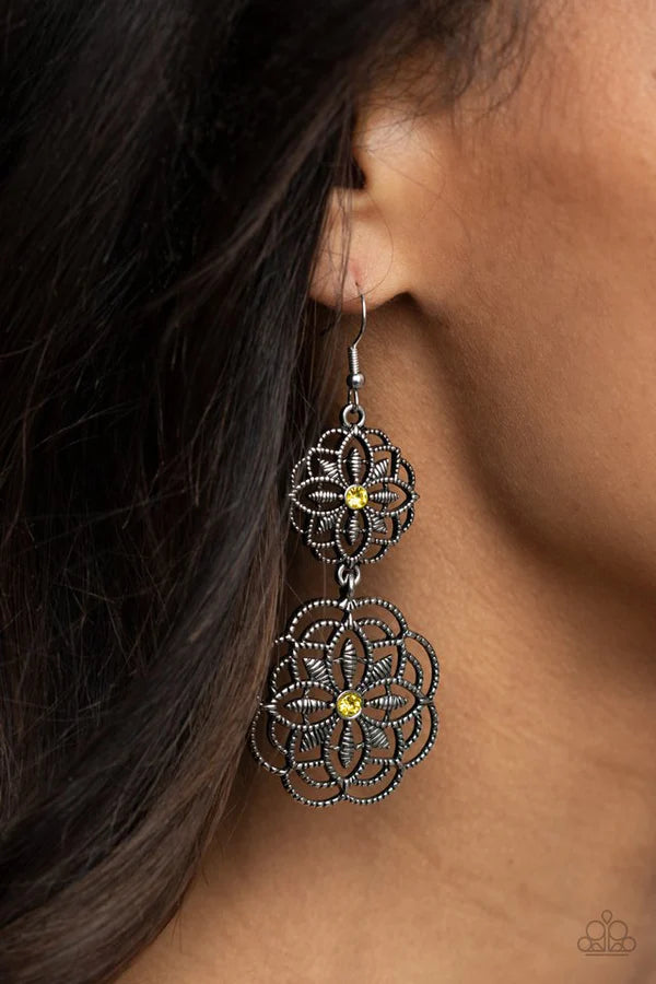 Mandala Mecca - Oversized Yellow Dotted Studded 3D Mandala Floral Lure Connected Earrings E#524