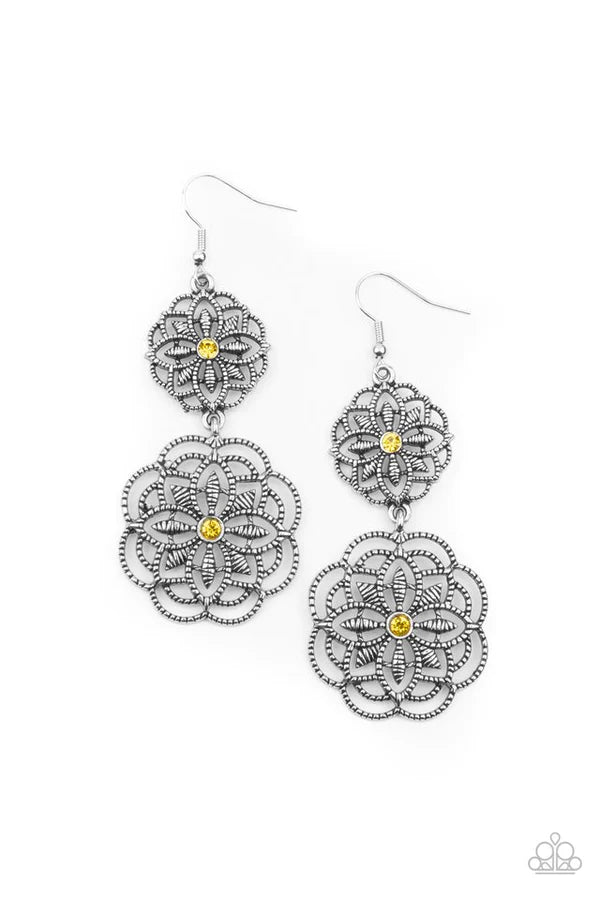 Mandala Mecca - Oversized Yellow Dotted Studded 3D Mandala Floral Lure Connected Earrings E#524