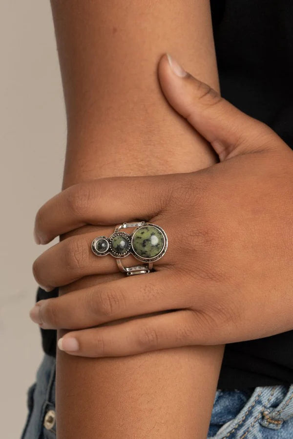 Marbled Magnificence - Oversized Green Airy Vintage Speckled Trio Faux Marble Ring R#705