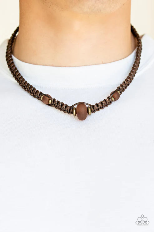 Maui Beach - Brown/Brass Opaque Braided Knotted Cord Button-Loop Closure Urban Necklace N#1618