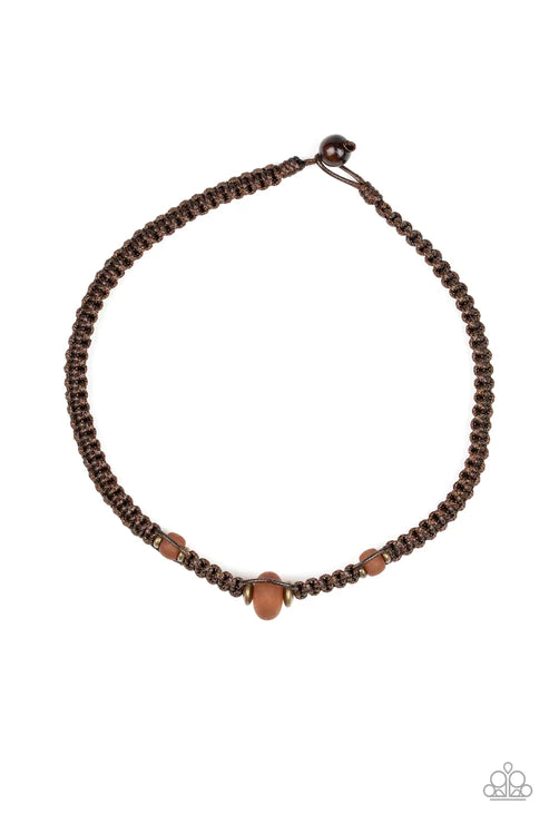 Maui Beach - Brown/Brass Opaque Braided Knotted Cord Button-Loop Closure Urban Necklace N#1618