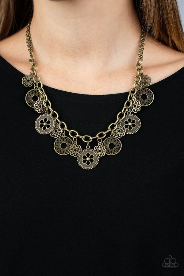 Meadow Masquerade - Brass Antiqued 3D Floral Charms Fringe Necklace N#340