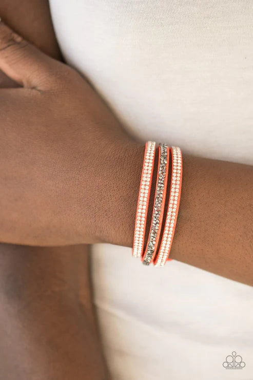 Mega Glam - Orange(Coral) /White/Smoky/Glassy Hematite Encrusted Spliced Suede Wrap Adjustable Snap Closure Bracelet B#2542
