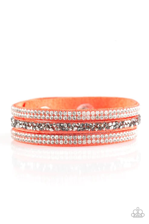 Mega Glam - Orange(Coral) /White/Smoky/Glassy Hematite Encrusted Spliced Suede Wrap Adjustable Snap Closure Bracelet B#2542