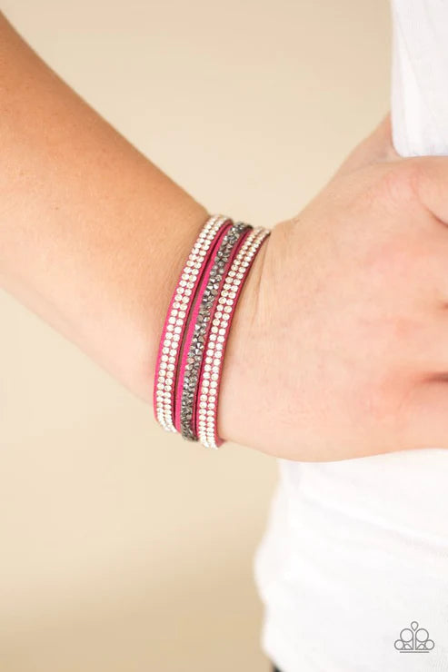 Mega Glam - Pink/White/Smoky/Glassy Hematite Encrusted Spliced Suede Wrap Adjustable Snap Closure Bracelet B#1700