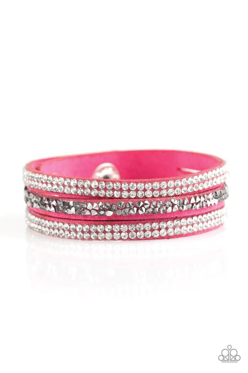 Mega Glam - Pink/White/Smoky/Glassy Hematite Encrusted Spliced Suede Wrap Adjustable Snap Closure Bracelet B#1700