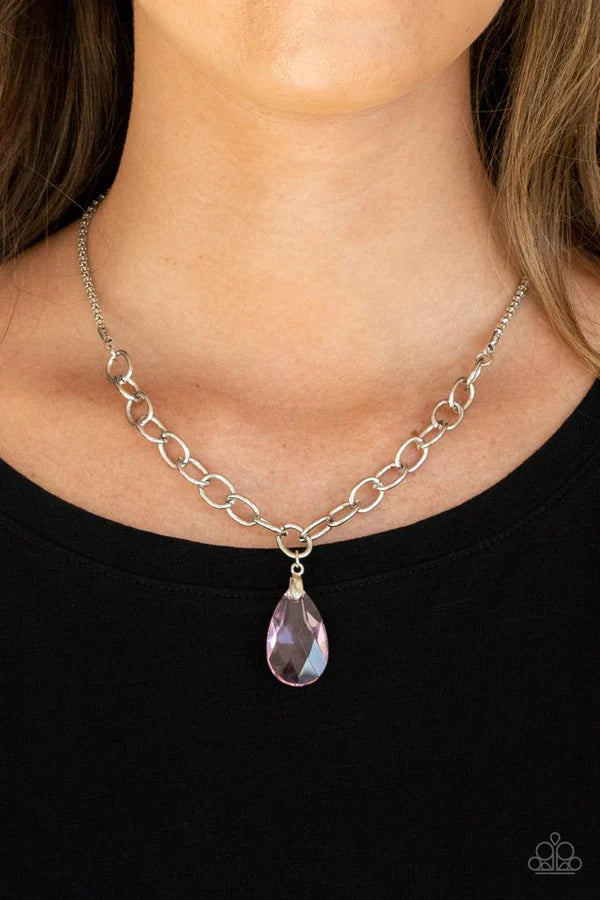 Mega Modern - Pink Glassy Teardrop Necklace N#571