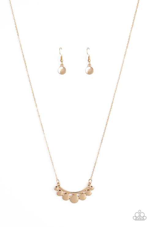Melodic Metallics - Gold Bowing Bar High Sheen Discs Necklace N#2503