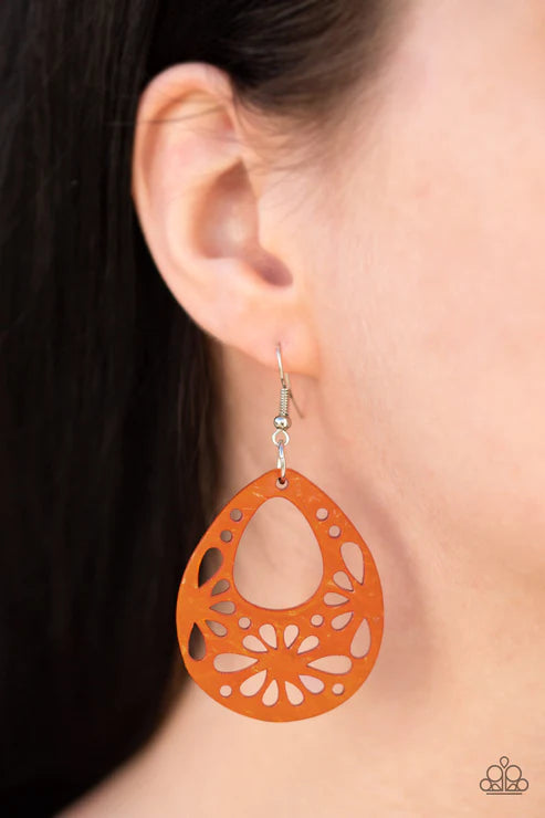 Merrily Marooned - Orange Airy Stenciled Distressed Wood Earrings E#1453