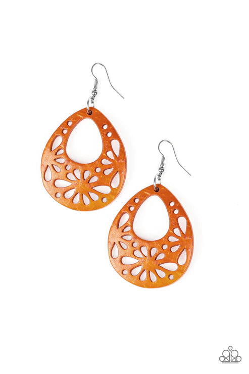 Merrily Marooned - Orange Airy Stenciled Distressed Wood Earrings E#1453