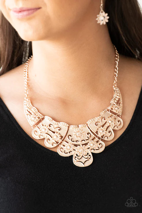 Mess With The Bull - Oversized Rose Gold Embossed Floral Connected Plates Necklace N#1870