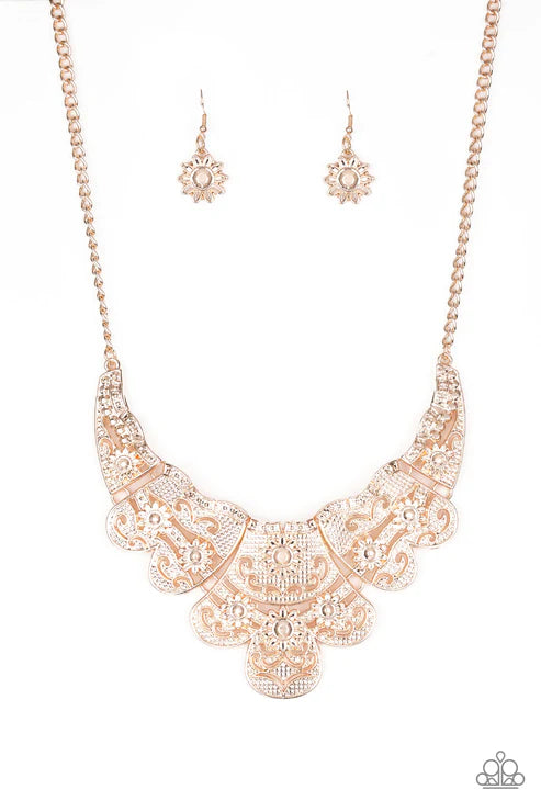 Mess With The Bull - Oversized Rose Gold Embossed Floral Connected Plates Necklace N#1870