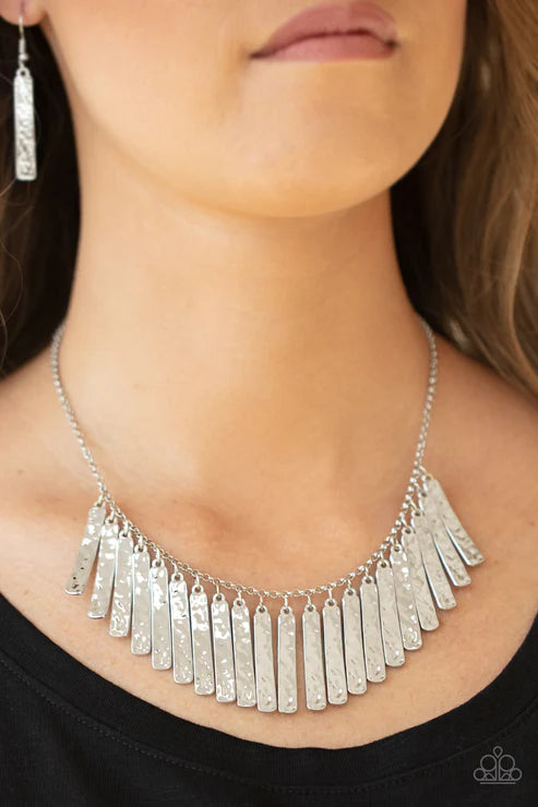 Metallic Muse - Silver Rectangular Hammered Plate Fringe Necklace N#2587