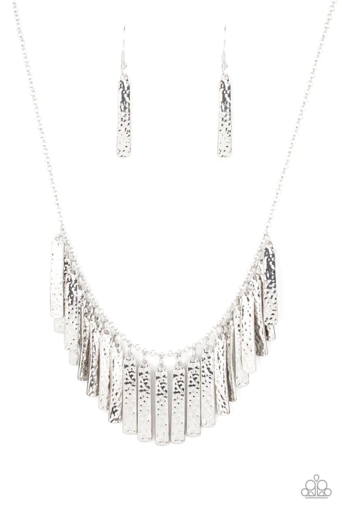 Metallic Muse - Silver Rectangular Hammered Plate Fringe Necklace N#2587