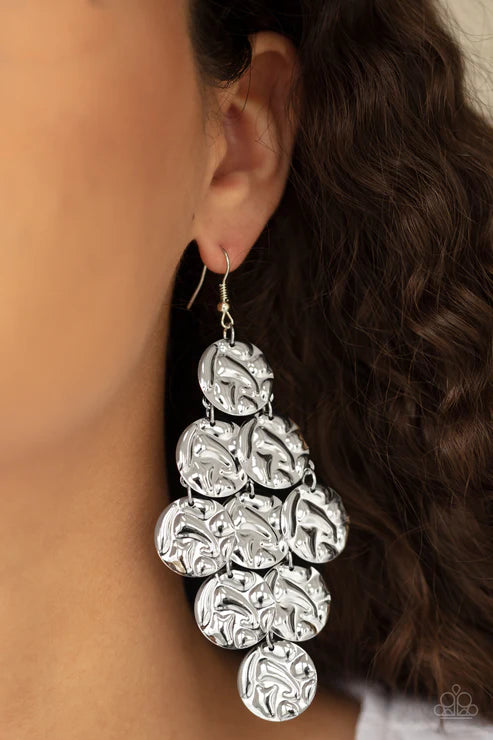 Metro Trend - Oversized Silver Embossed Tactile Cascade Discs Edgy Lure Earrings E#1829