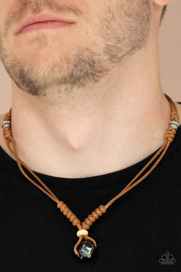 Might and MAINLAND - Oversized Brown Glassy Faceted Accent Wood Knotted Button Loop Closure Urban Necklace N#365