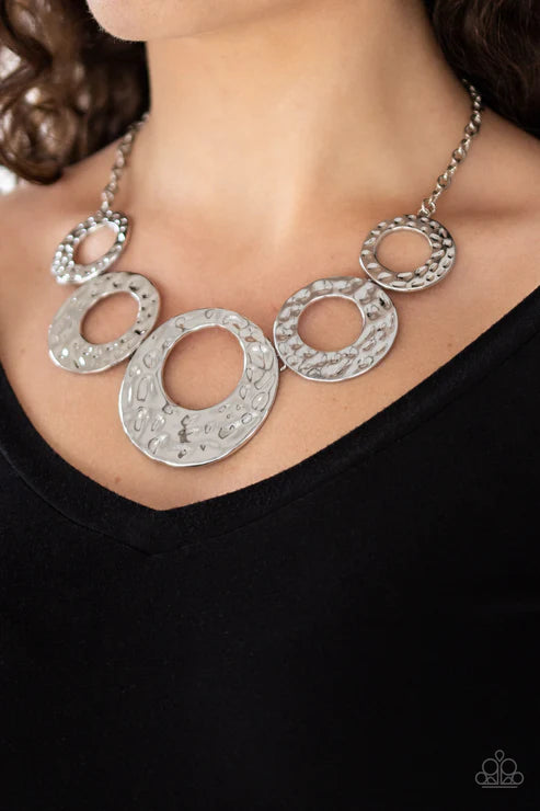 Mildly Metro - Oversized Silver Hammered Circle Link Necklace N#2482