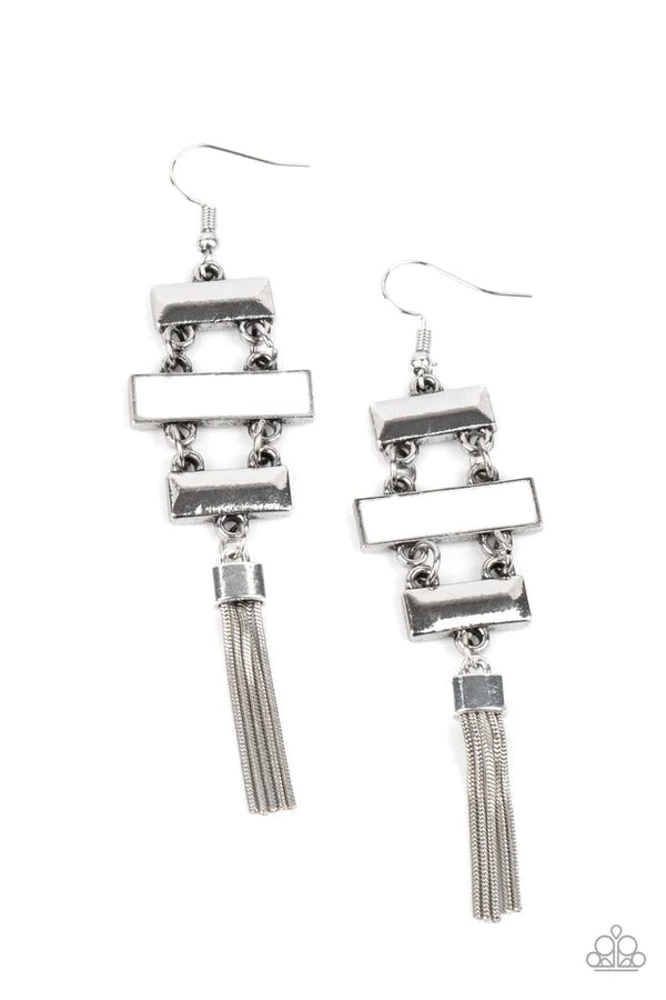 Mind, Body, and SEOUL - White Rectangular Connected Link Tassel Earrings E#858
