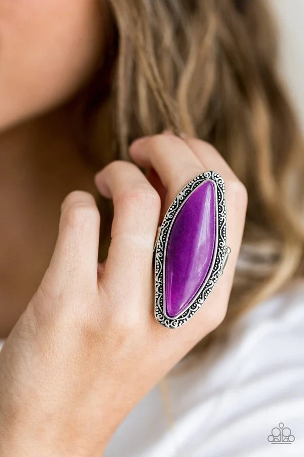 Mineral Mine - Oversized Purple Oblong Embossed/Studded Tactile Filigree Stone Ring R#1053