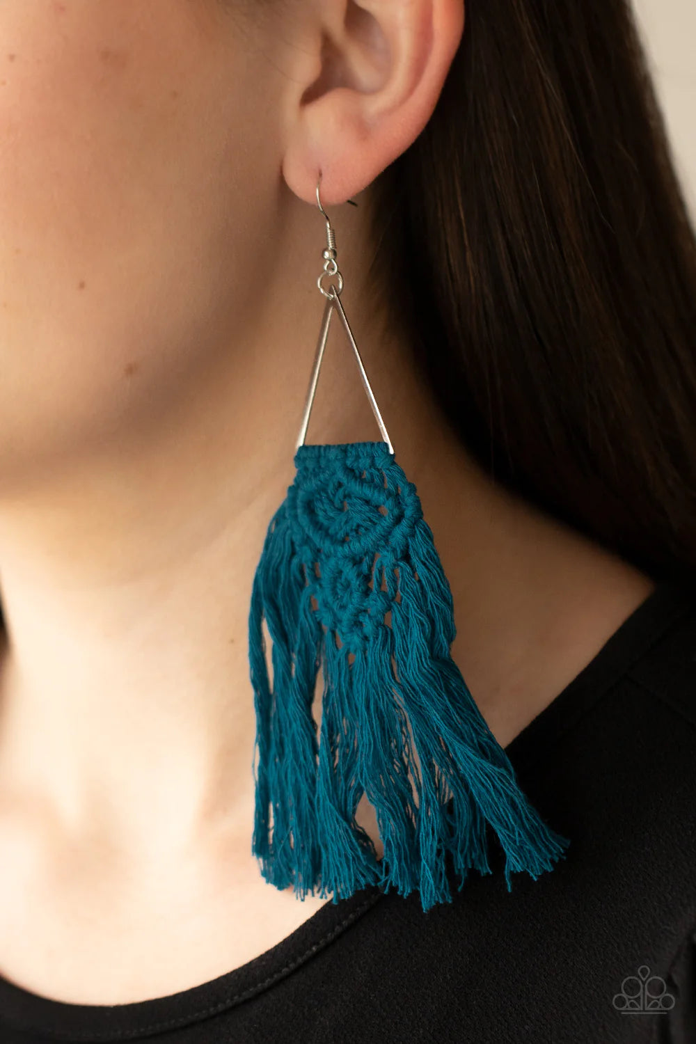 Modern Day Macrame - Blue Triangular Knotted Macramé Tassel Fringe Earrings E#1430