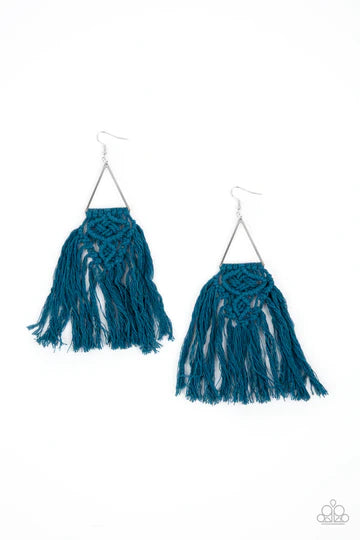 Modern Day Macrame - Blue Triangular Knotted Macramé Tassel Fringe Earrings E#1430