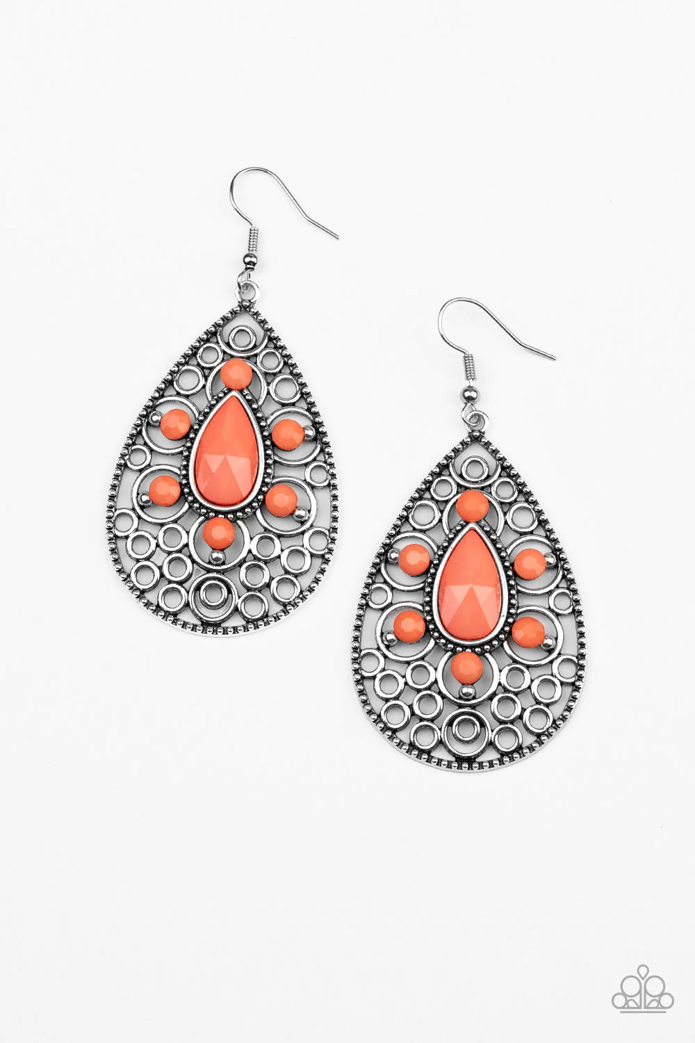 Modern Garden - Oversized Orange (Living Coral) Faceted Flower Frill Teardrop Earrings E#1319