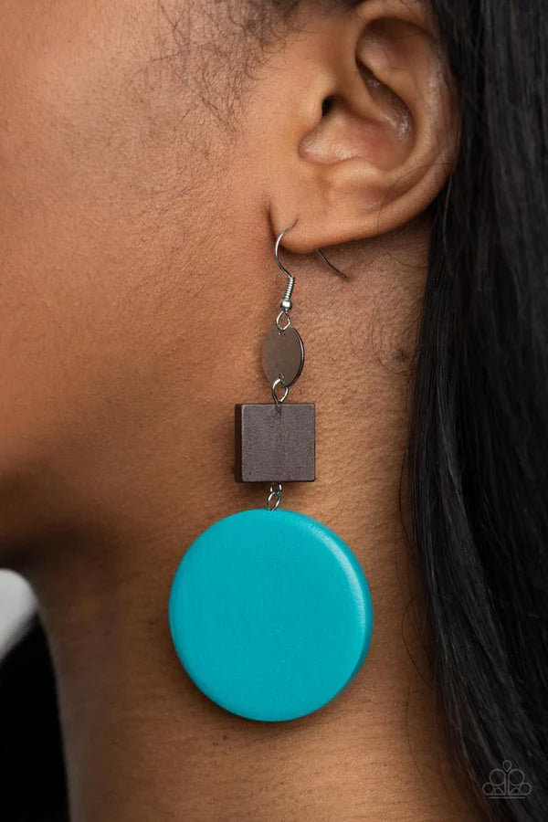 Modern Materials - Oversized Retro Blue/Brown Disc/Wooden Square/Circle Retro Lure Earrings E#1457