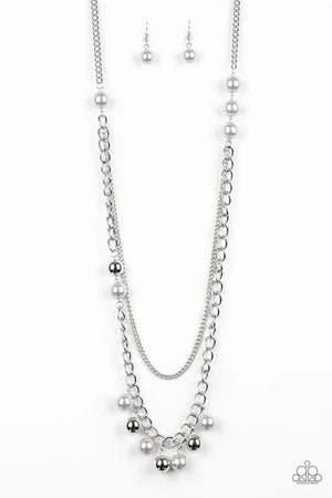 Modern Musical - Oversized Silver/Gray Pearl Mismatched Dotted Asymmetrical Fringe Necklace N#956