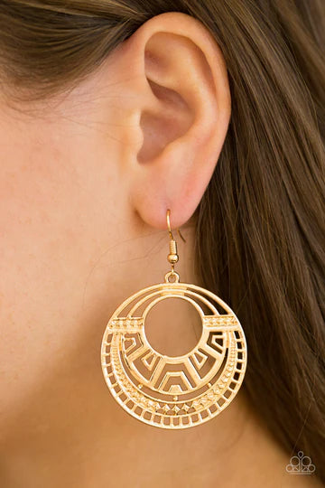 Modernly Mayan - Oversized Gold Stenciled Airy Geometric Disc Tribal Earrings E#1326