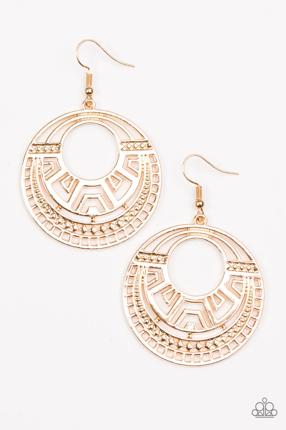 Modernly Mayan - Oversized Gold Stenciled Airy Geometric Disc Tribal Earrings E#1326