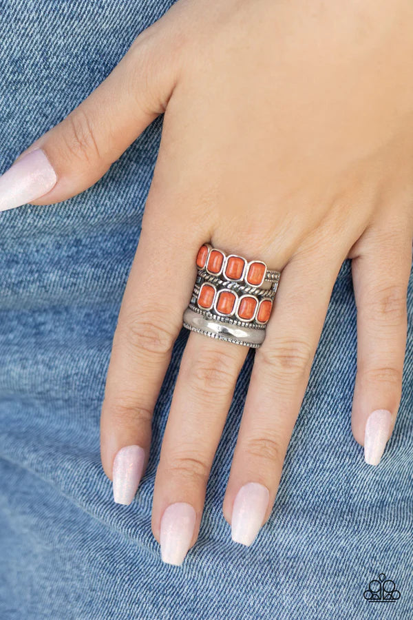 Mojave Monument - Oversized Orange Rustic Mismatched Faceted Adobe Rectangular Twisted/Studded Haphazardly Stone Ring R#002