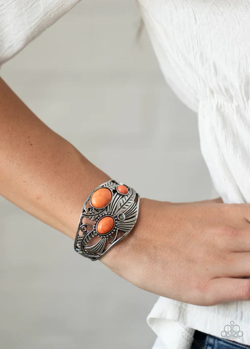 Mojave Moods - Oversized Orange Oval Dotted 3D Feather Filigree Stone Cuff Bracelet B#2536