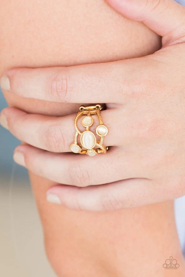 Moon Mood - Gold Dotted Cat's Eye Moonstone Textured Swoop Ring R#1035