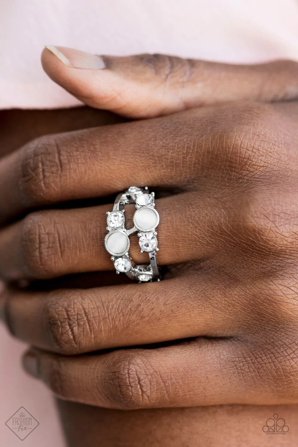 Moonlit Masquerade - White Encrusted Cat's Eye Moonstone Stacked Ring R#1235