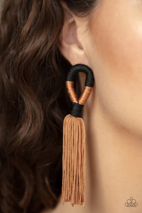 Moroccan Mambo - Oversized Soft Lark Brown/Black Knotted Cord Free-Fall Tassel Earrings E#2260