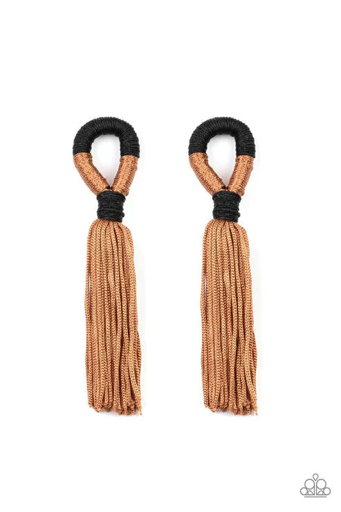 Moroccan Mambo - Oversized Soft Lark Brown/Black Knotted Cord Free-Fall Tassel Earrings E#2260